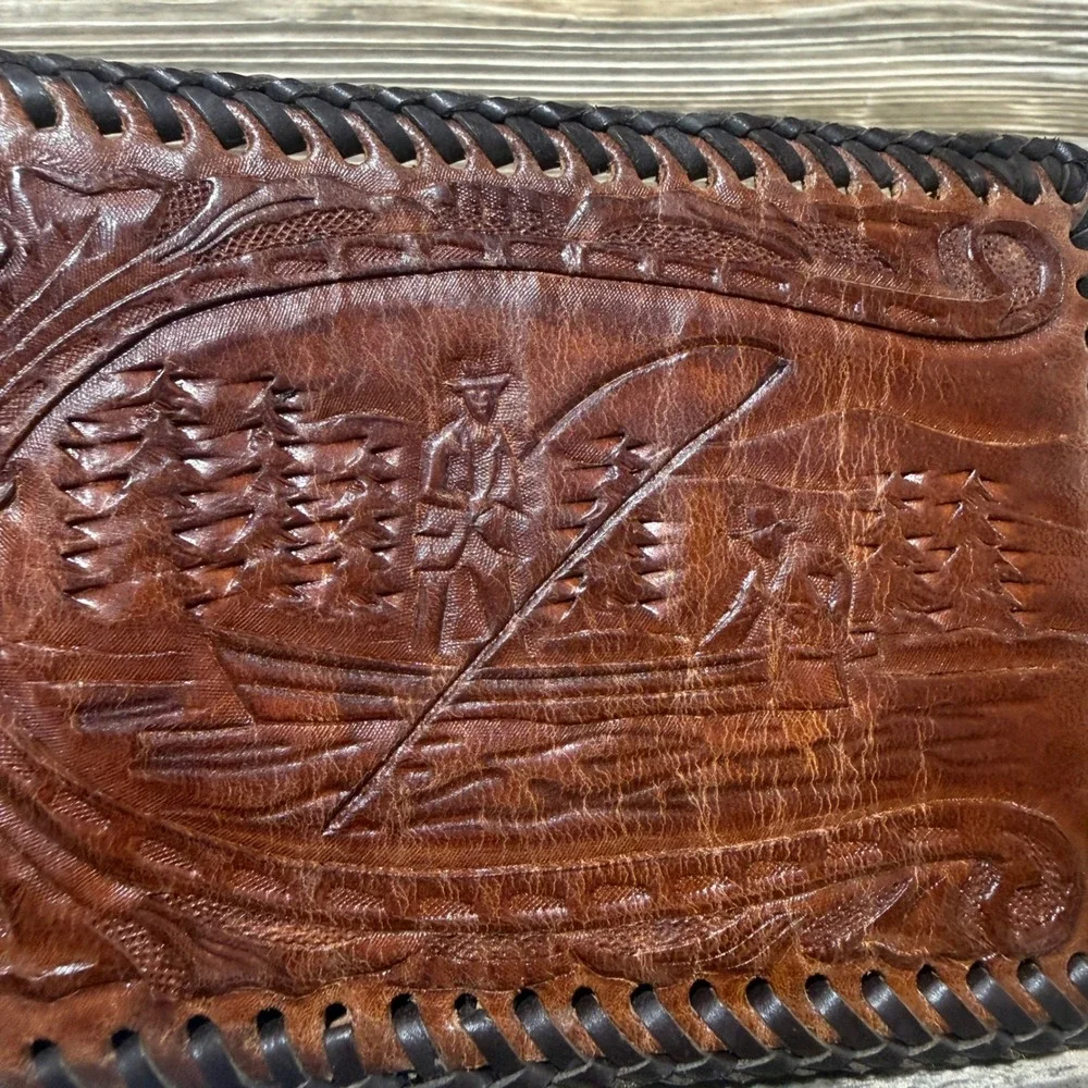 Vintage Hand Tooled Leather Fisherman Bass Wallet Whipstitch Bifold BrownWestern